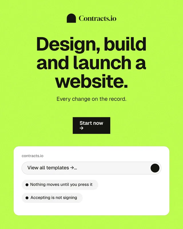 Instagram portrait post for contracts.io: "Design, build and launch a website." Swiss style, centred layout, light palette in green.