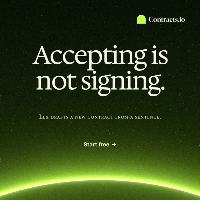 Instagram post for contracts.io: "Accepting is not signing." Swiss style, smallcaps layout, dark palette in green, black.