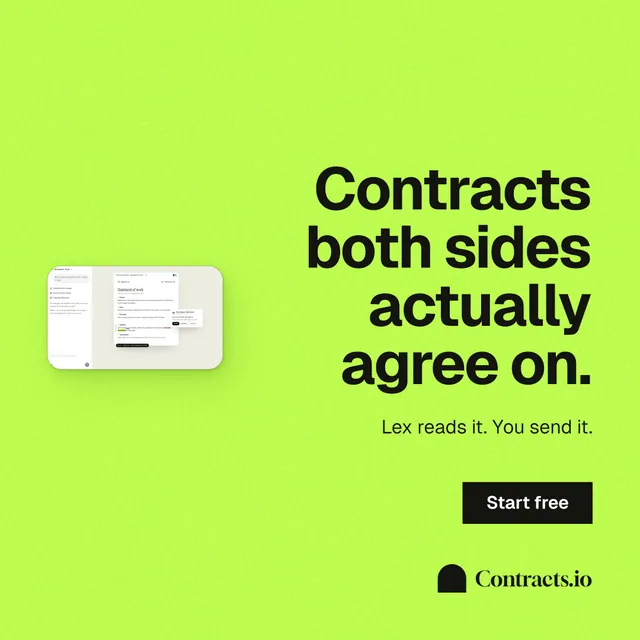Instagram post for contracts.io: "Contracts both sides actually agree on." Swiss style, right layout, light palette in green.