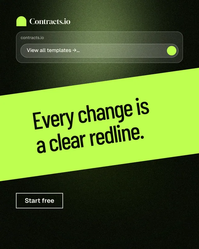 Instagram portrait post for contracts.io: "Every change is a clear redline." Dark deco style, diagonal layout, dark palette in green, black.