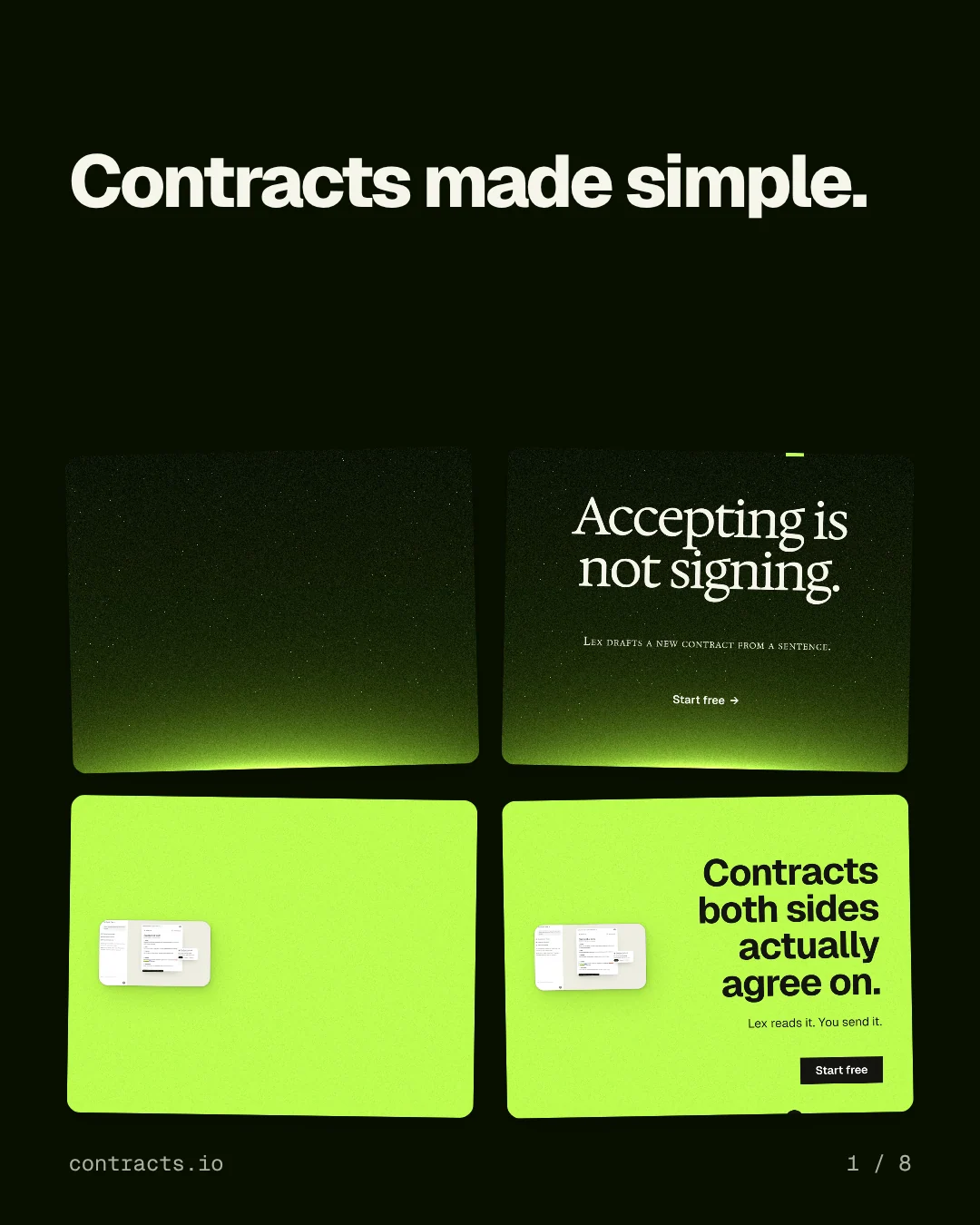 Carousel for contracts.io: "Contracts made simple.". Collection carousel, 8 slides, dark palette.