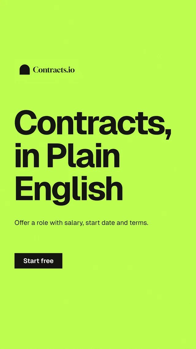 Instagram story for contracts.io: "Contracts, in Plain English". Swiss style, announce layout, light palette in green.