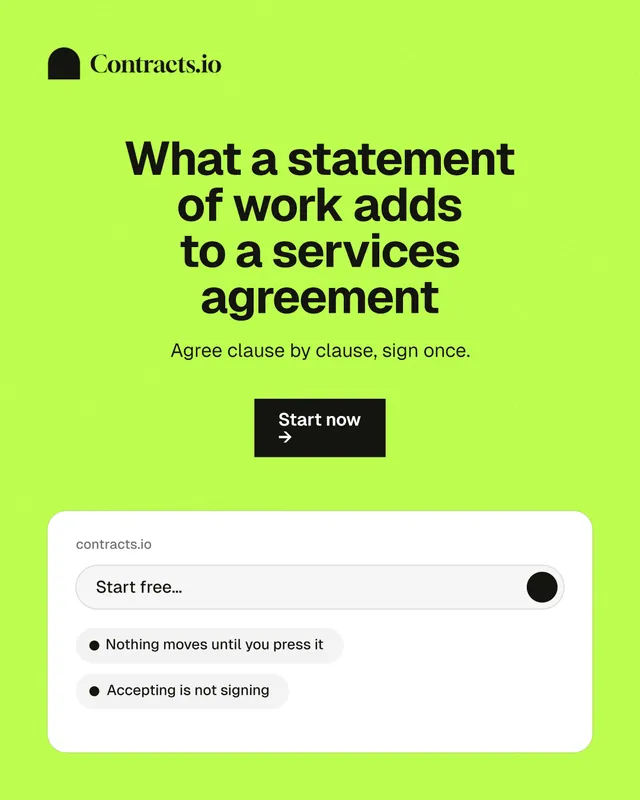 Instagram portrait post for contracts.io: "What a statement of work adds to a services agreement". Swiss style, centred layout, light palette in green, white.
