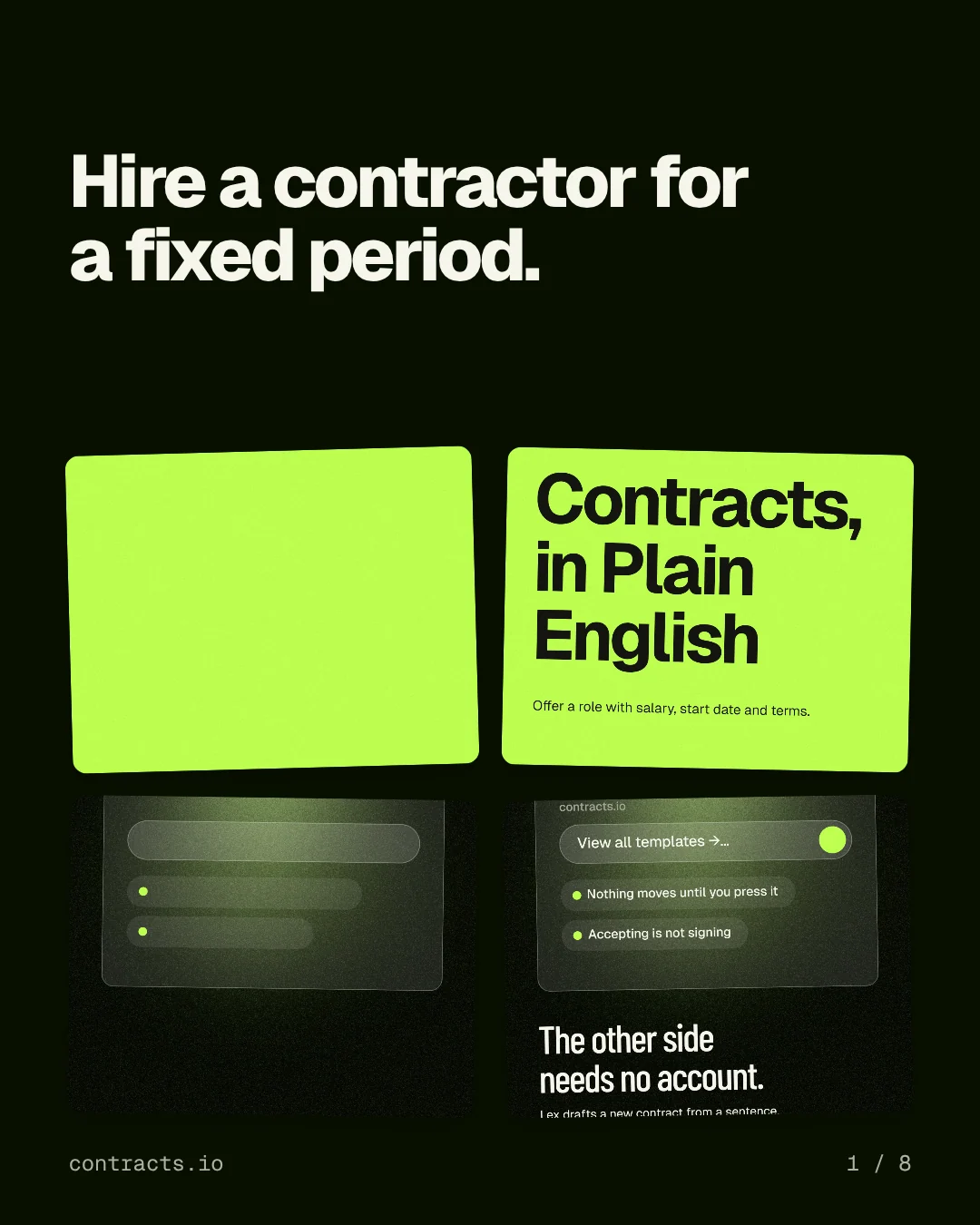 Carousel for contracts.io: "Hire a contractor for a fixed period.". Collection carousel, 8 slides, dark palette.