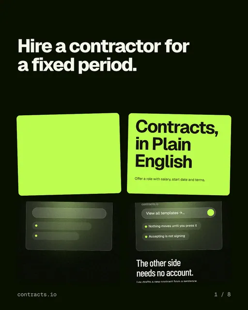 Carousel for contracts.io: "Hire a contractor for a fixed period.". Collection carousel, 8 slides, dark palette.