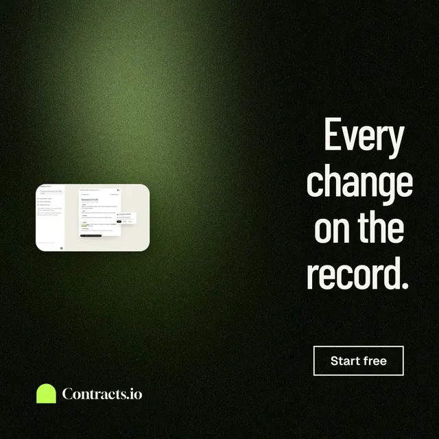 Instagram post for contracts.io: "Every change on the record." Dark deco style, right layout, dark palette in black, grey.