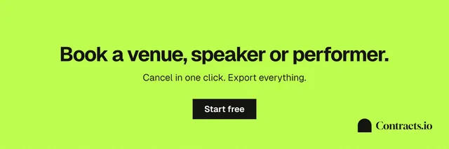 X header for contracts.io: "Book a venue, speaker or performer." Swiss style, centred layout, light palette in green.