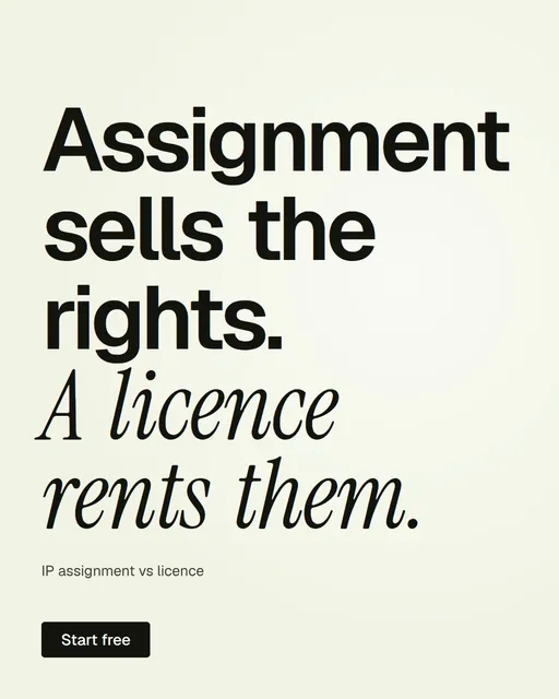 Video for contracts.io: "Assignment sells the rights. A licence rents them.". Doc motion loop, 6.0 s, light palette.