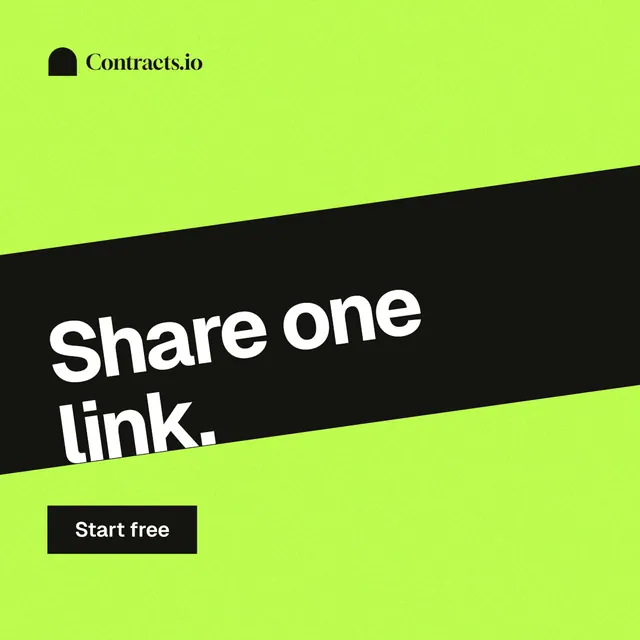 Instagram post for contracts.io: "Share one link." Swiss style, diagonal layout, light palette in green.