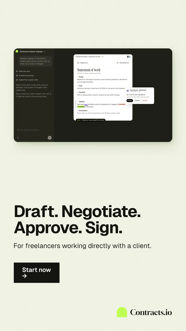 Instagram story for contracts.io: "Draft. Negotiate. Approve. Sign." Swiss style, bottom layout, light palette in white, black.