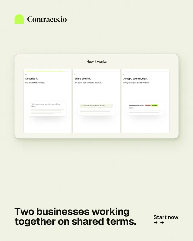 Instagram portrait post for contracts.io: "Two businesses working together on shared terms." Swiss style, image led layout, light palette in white, green.