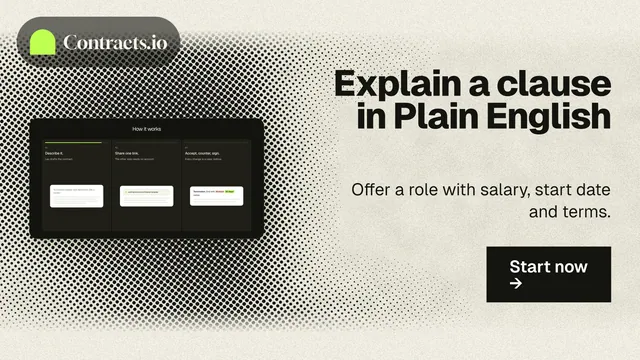 Landscape graphic for contracts.io: "Explain a clause in Plain English". Ink sticker style, right layout, light palette in black, grey, yellow.