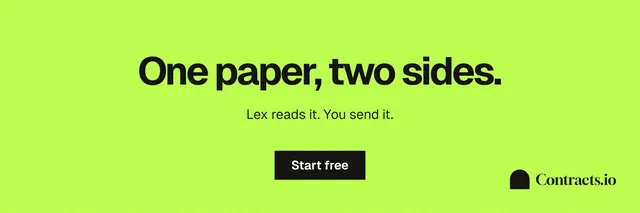 X header for contracts.io: "One paper, two sides." Swiss style, centred layout, light palette in green.