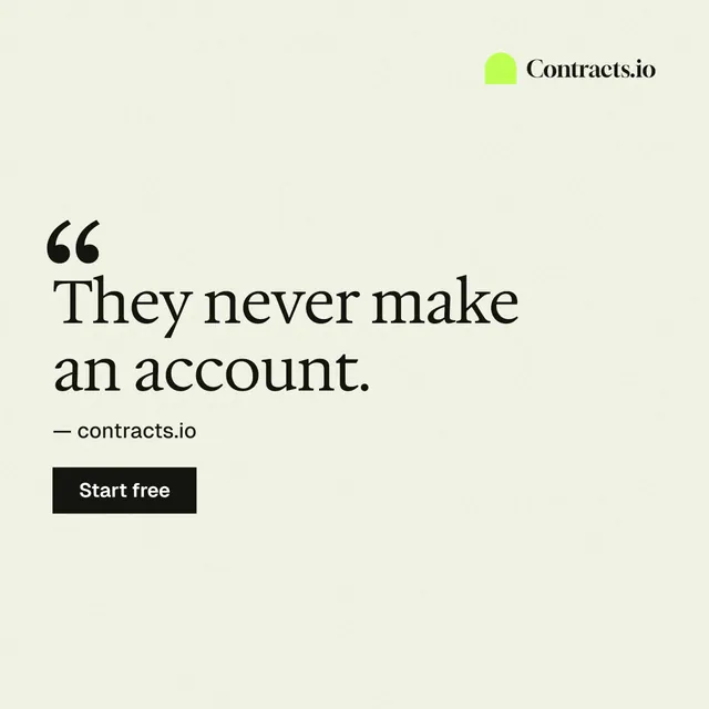 Instagram post for contracts.io: "They never make an account." Swiss style, quote layout, light palette in white.