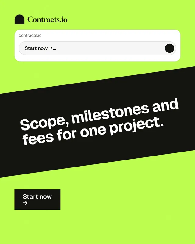 Instagram portrait post for contracts.io: "Scope, milestones and fees for one project." Swiss style, diagonal layout, light palette in black, green.
