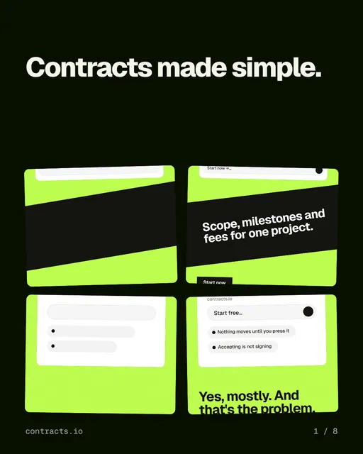 Carousel for contracts.io: "Contracts made simple.". Collection carousel, 8 slides, dark palette.