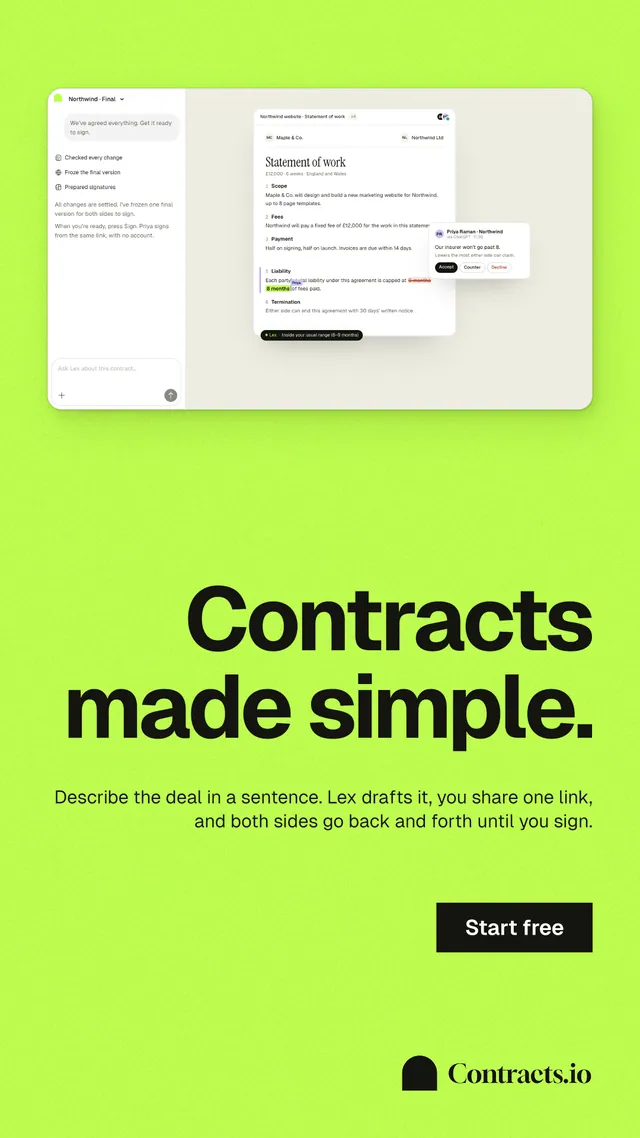 Instagram story for contracts.io: "Contracts made simple." Swiss style, right layout, light palette in green.