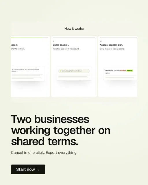 Video for contracts.io: "Two businesses working together on shared terms.". Doc motion loop, 8.0 s, light palette.