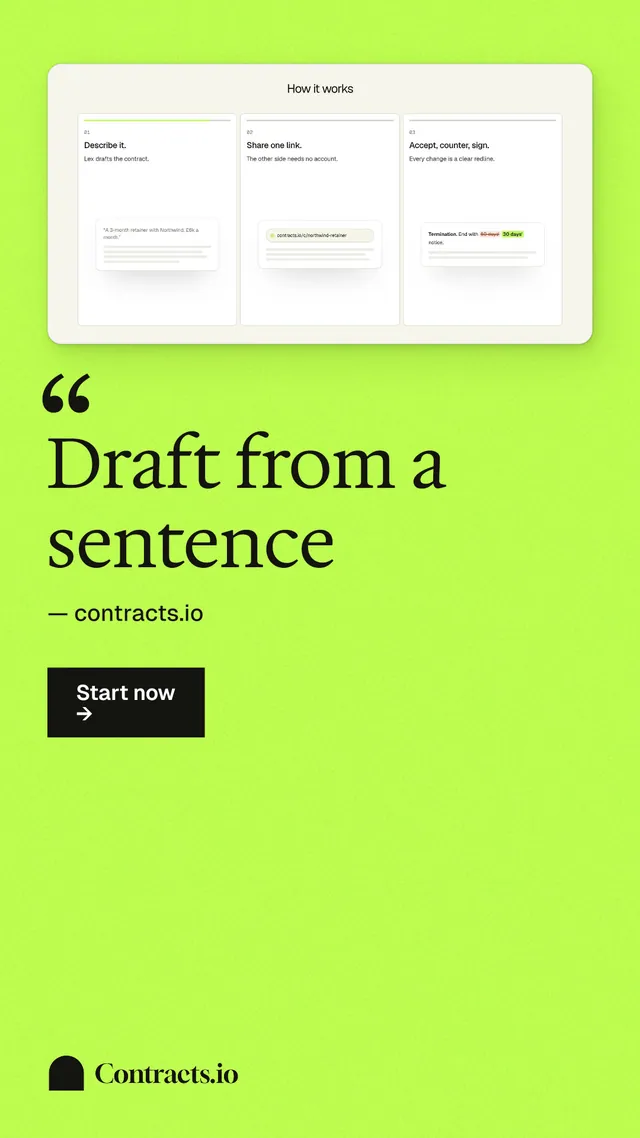Instagram story for contracts.io: "Draft from a sentence". Swiss style, quote layout, light palette in green.