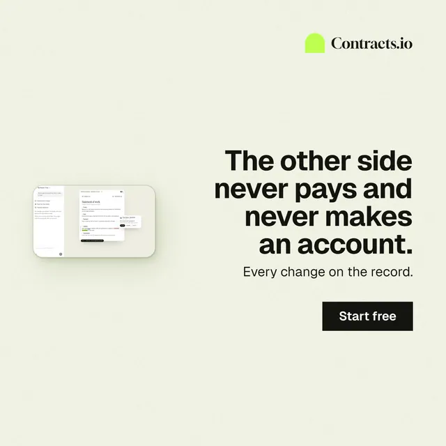 Instagram post for contracts.io: "The other side never pays and never makes an account." Swiss style, right layout, light palette in white.