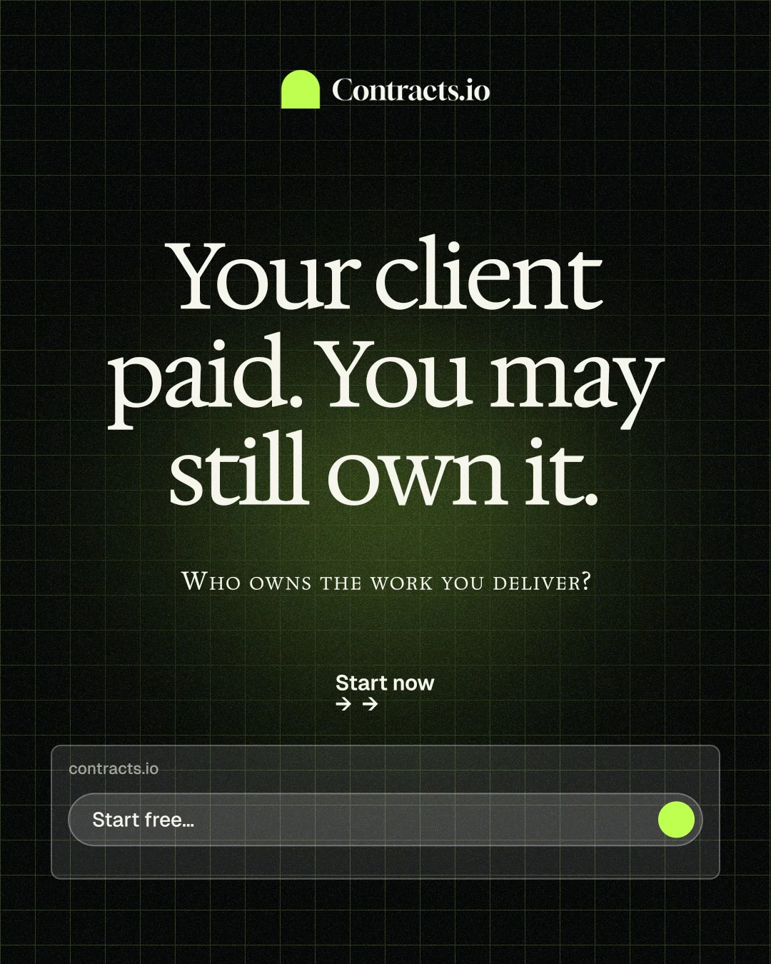 Instagram portrait post for contracts.io: "Your client paid. You may still own it." Phosphor atlas style, smallcaps layout, dark palette in black, grey.