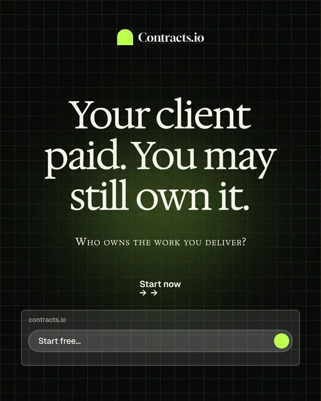 Instagram portrait post for contracts.io: "Your client paid. You may still own it." Phosphor atlas style, smallcaps layout, dark palette in black, grey.