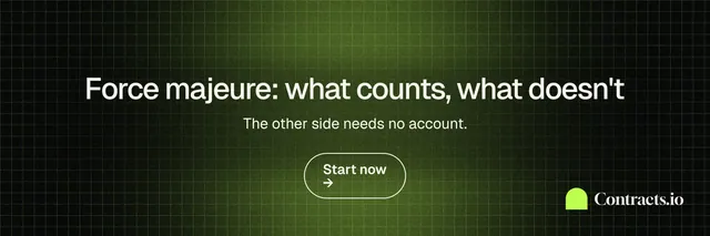 X header for contracts.io: "Force majeure: what counts, what doesn't". Phosphor atlas style, centred layout, dark palette in green, black.