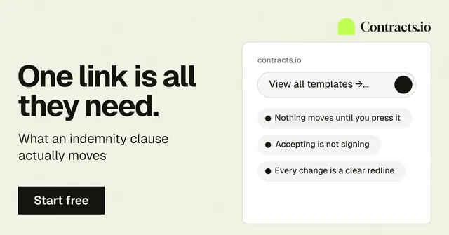 Social ad for contracts.io: "One link is all they need." Swiss style, bottom layout, light palette in yellow, white, grey.