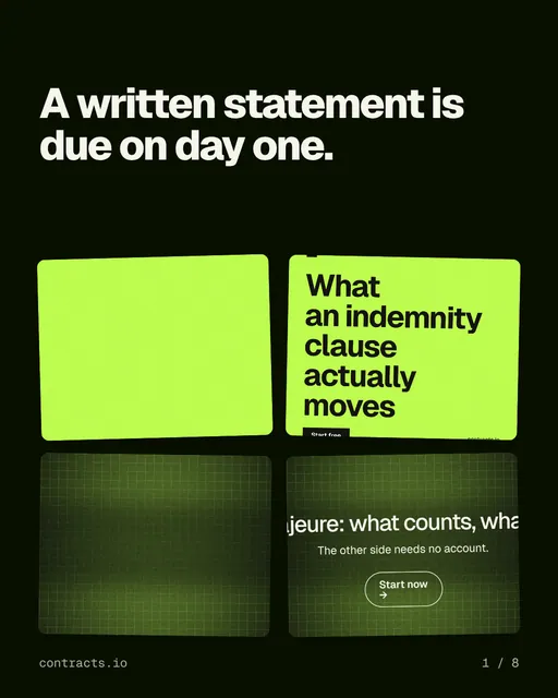 Carousel for contracts.io: "A written statement is due on day one.". Collection carousel, 8 slides, dark palette.