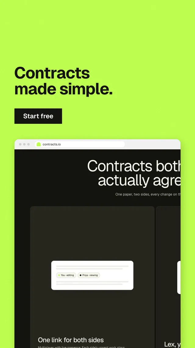 Instagram story for contracts.io: "Contracts made simple." Swiss style, browser layout, light palette in green, black.