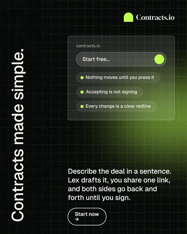 Instagram portrait post for contracts.io: "Contracts made simple." Phosphor atlas style, vertical layout, dark palette in black, green.