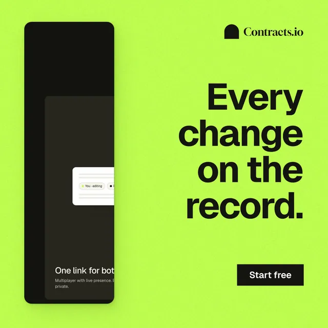 Instagram post for contracts.io: "Every change on the record." Swiss style, right layout, light palette in green, black.