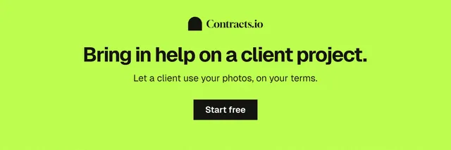 X header for contracts.io: "Bring in help on a client project." Swiss style, centred layout, light palette in green.