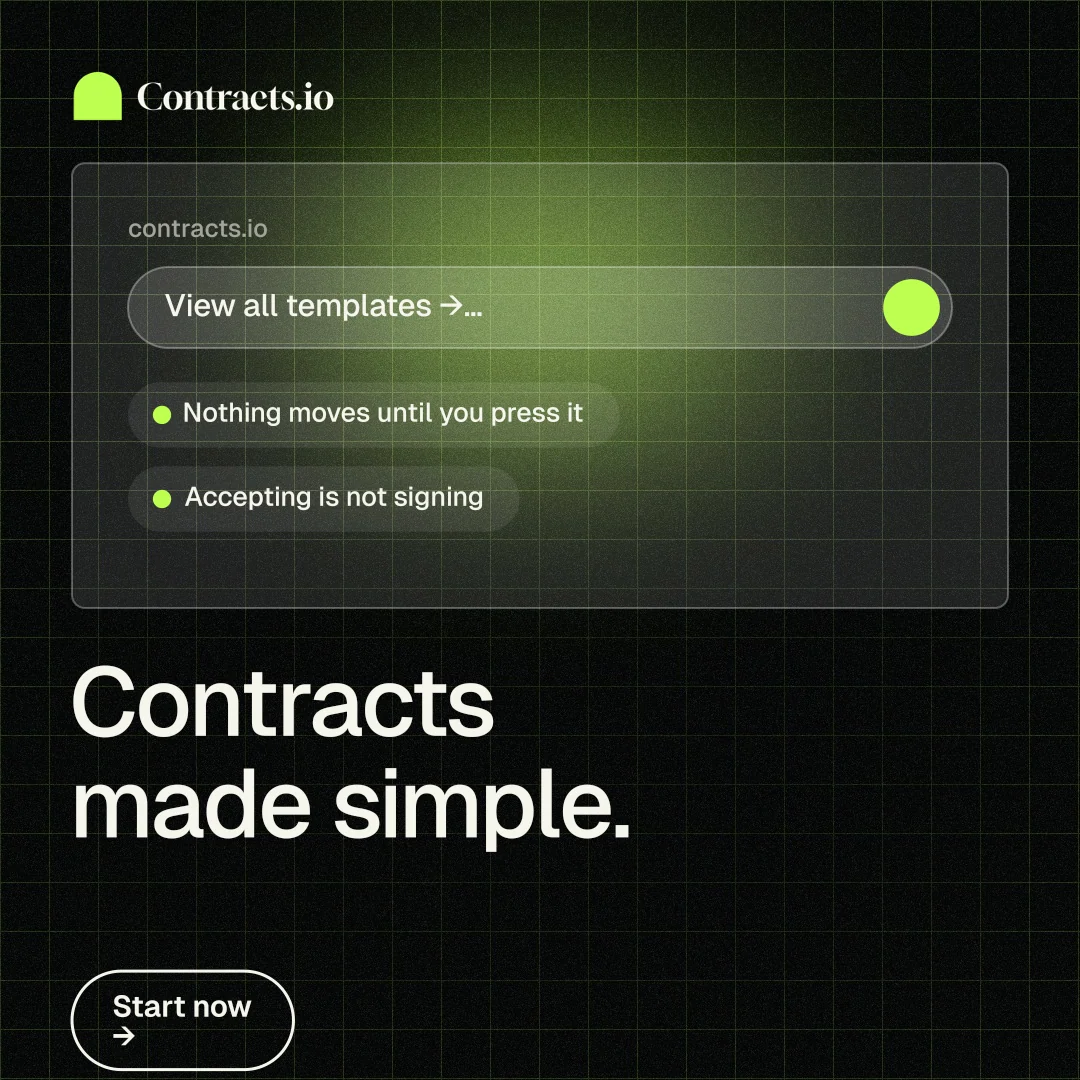Instagram post for contracts.io: "Contracts made simple." Phosphor atlas style, bottom layout, dark palette in black, grey.