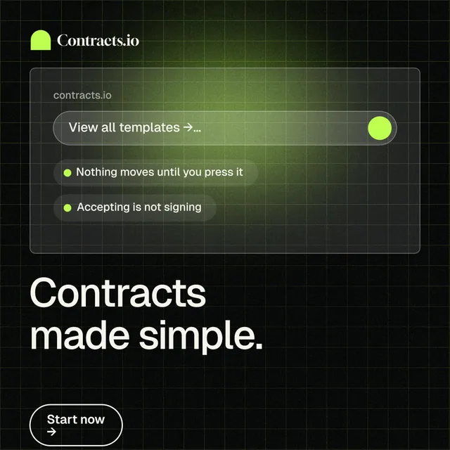 Instagram post for contracts.io: "Contracts made simple." Phosphor atlas style, bottom layout, dark palette in black, grey.