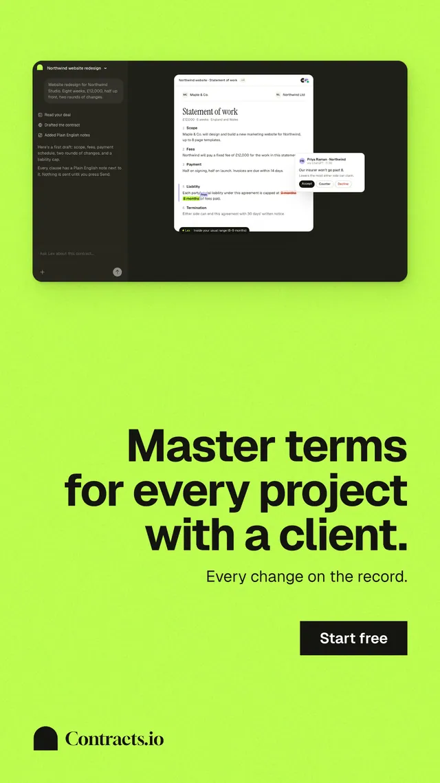Instagram story for contracts.io: "Master terms for every project with a client." Swiss style, right layout, light palette in green.