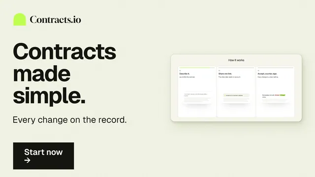 Landscape graphic for contracts.io: "Contracts made simple." Swiss style, bottom layout, light palette in white, grey.