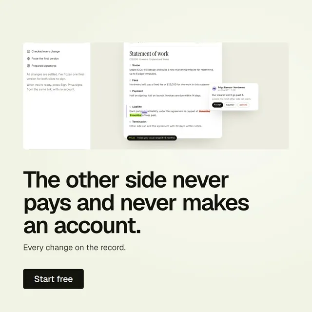 Video for contracts.io: "The other side never pays and never makes an account.". Kinetic type grid, 8.0 s, light palette.