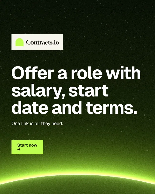 Instagram portrait post for contracts.io: "Offer a role with salary, start date and terms." Swiss style, announce layout, dark palette in green, black.