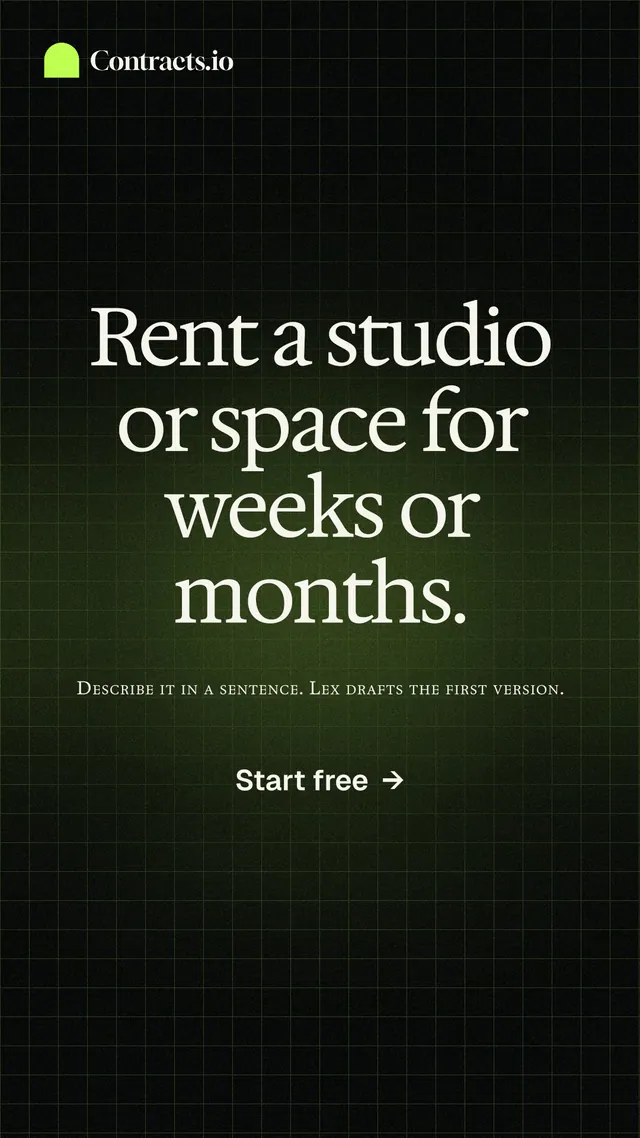 Instagram story for contracts.io: "Rent a studio or space for weeks or months." Phosphor atlas style, smallcaps layout, dark palette in black, green.