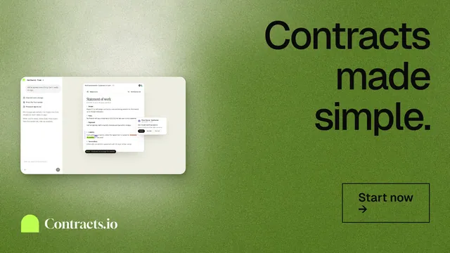 Landscape graphic for contracts.io: "Contracts made simple." Cyanotype style, right layout, light palette in green.