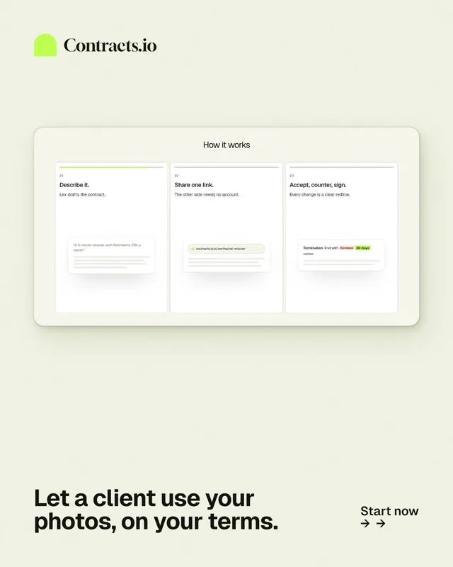 Instagram portrait post for contracts.io: "Let a client use your photos, on your terms." Swiss style, image led layout, light palette in white, green.