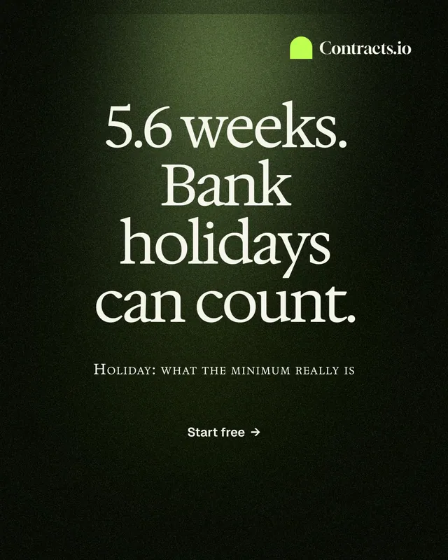 Instagram portrait post for contracts.io: "5.6 weeks. Bank holidays can count." Dark deco style, smallcaps layout, dark palette in black, grey.