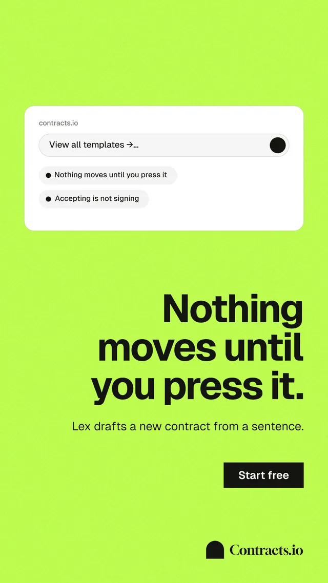 Instagram story for contracts.io: "Nothing moves until you press it." Swiss style, right layout, light palette in green.