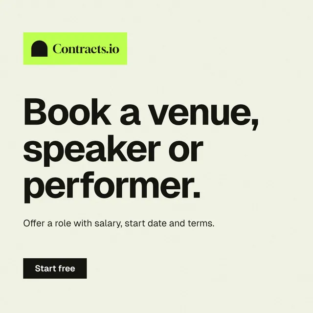 Instagram post for contracts.io: "Book a venue, speaker or performer." Swiss style, announce layout, light palette in white, yellow, grey.