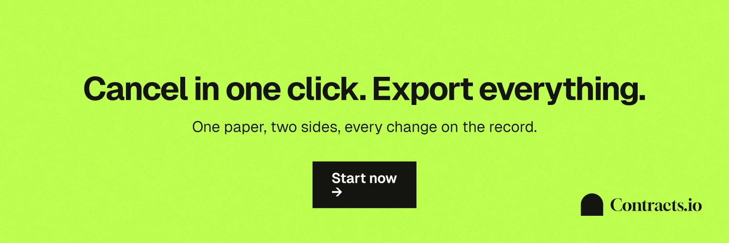 X header for contracts.io: "Cancel in one click. Export everything." Swiss style, centred layout, light palette in green.