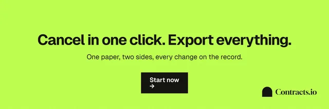 X header for contracts.io: "Cancel in one click. Export everything." Swiss style, centred layout, light palette in green.