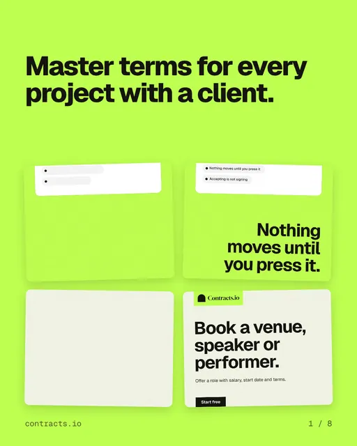 Carousel for contracts.io: "Master terms for every project with a client.". Collection carousel, 8 slides, light palette.