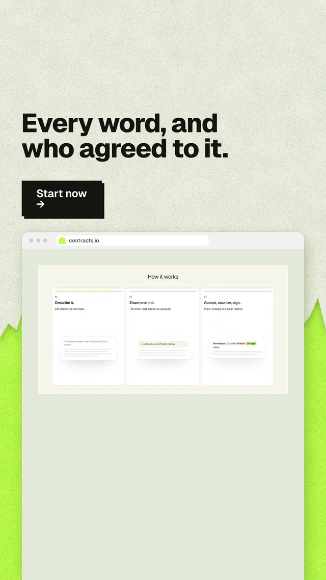 Instagram story for contracts.io: "Every word, and who agreed to it." Paper trio style, browser layout, light palette in green, white, grey.