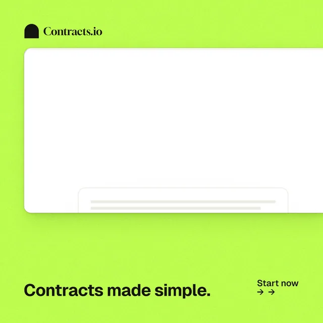 Instagram post for contracts.io: "Contracts made simple." Swiss style, image led layout, light palette in green, white.